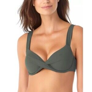 NWT ANNE COLE Women's Classic Twist Front Underwire Bikini Top 34D/32DD, Green